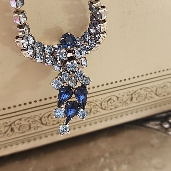 Vintage Ice & Cobalt Blue Rhinestone Necklace & Earrings on Silver Tone Setting - Picture 1 of 16